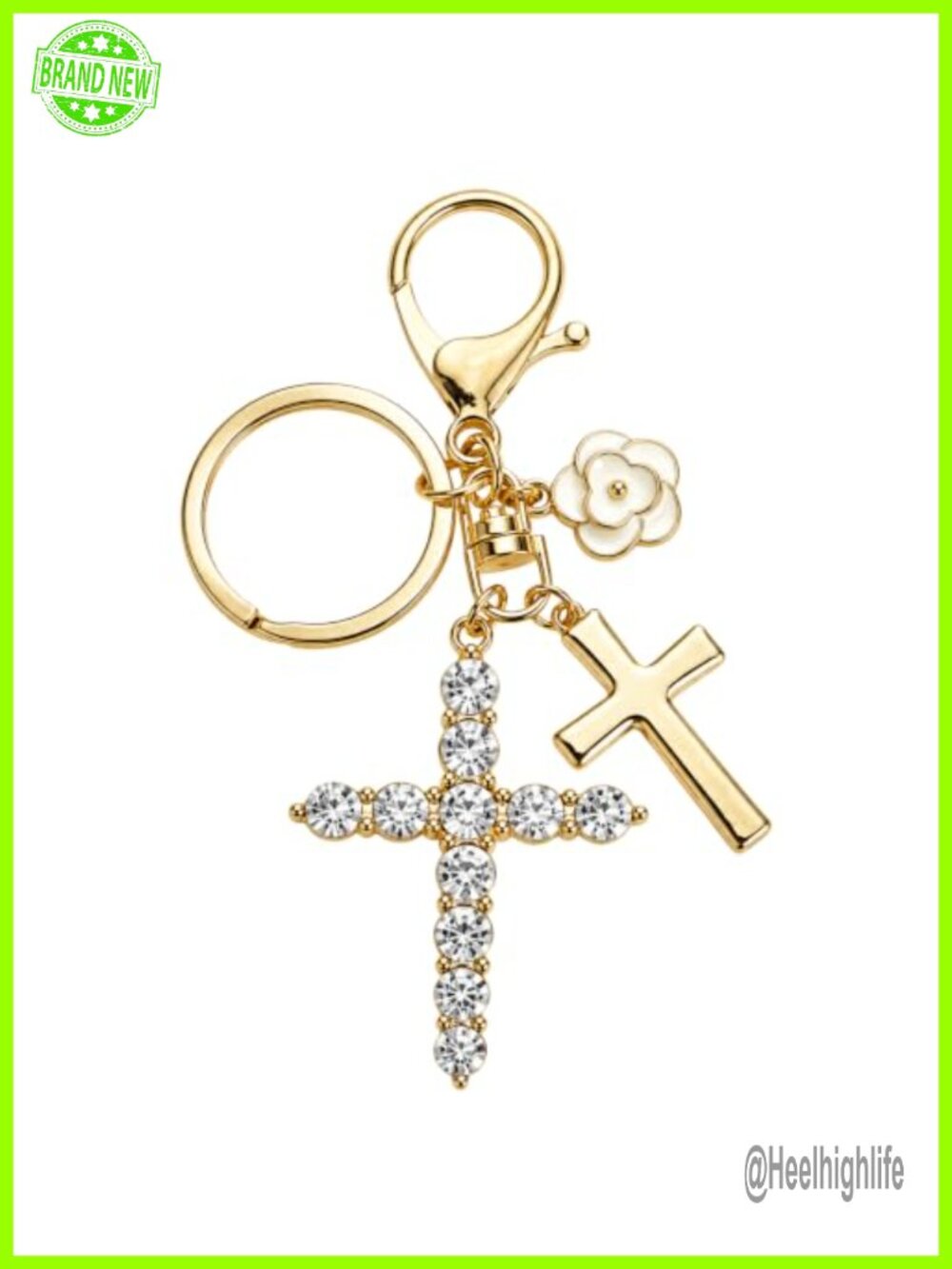 Double Cross Rhinestone Keychain Bag Charm Christian Purse Accessory Gold